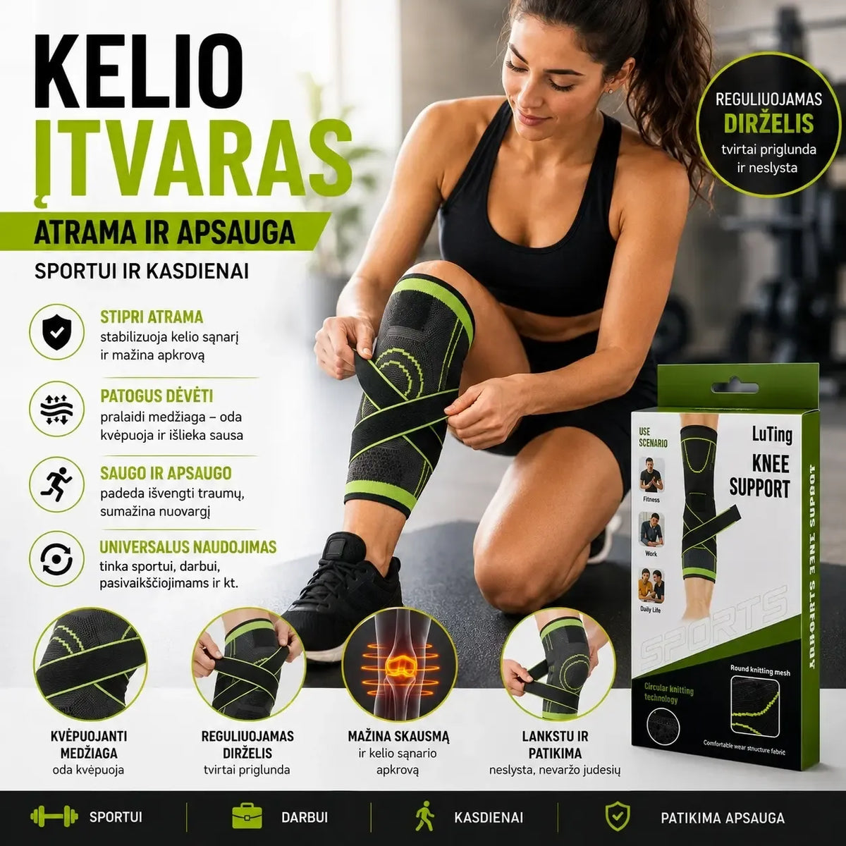 Kelio įtvaras su reguliuojamu dirželiu, stabilizuojantis kelią sporto ar kasdienės veiklos metu