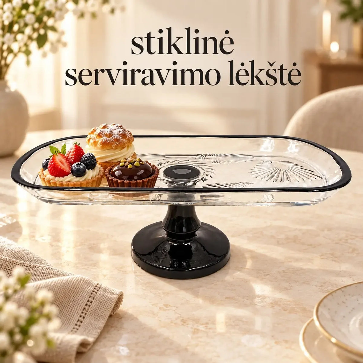 Stačiakampė stiklinė serviravimo lėkštė, skirta patiekalams ir užkandžiams, aiški ir moderni stiliaus.