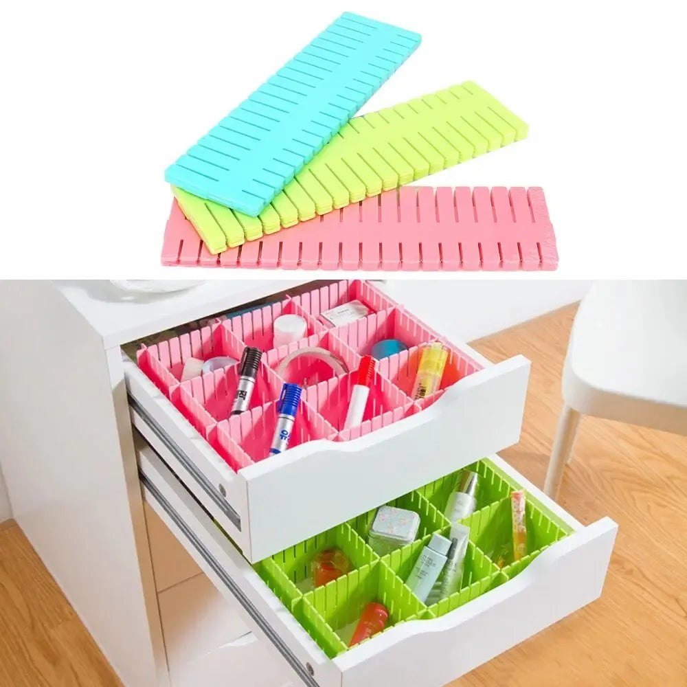 Modulinis stalčių organizatorius ir pertvarų rinkinys, 4 vnt., plastikinis, tinkamas tvarkingam ir patogiam stalčių išdėstymui.