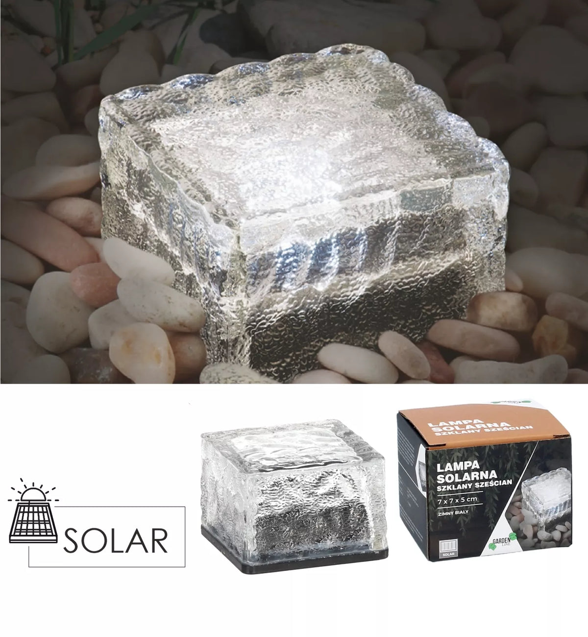 Klaasist päikeselamp – kuup 7 × 7 × 5 cm, külmvalge LED