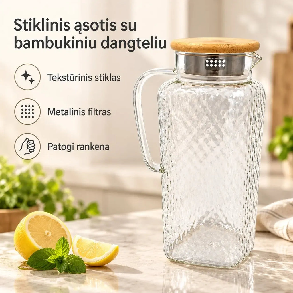 Stiklinis ąsotis su bambukiniu dangteliu, 1800 ml, skaidrus ir elegantiškas, idealiai skirta gėrimams laikyti.