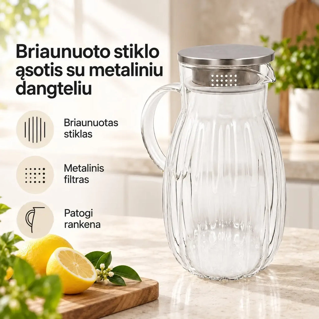 Stiklinis ąsotis su metaliniu dangteliu, talpa 1800 ml, skaidrus stiklas, idealiai tinka gėrimams ir vaisių sultims.