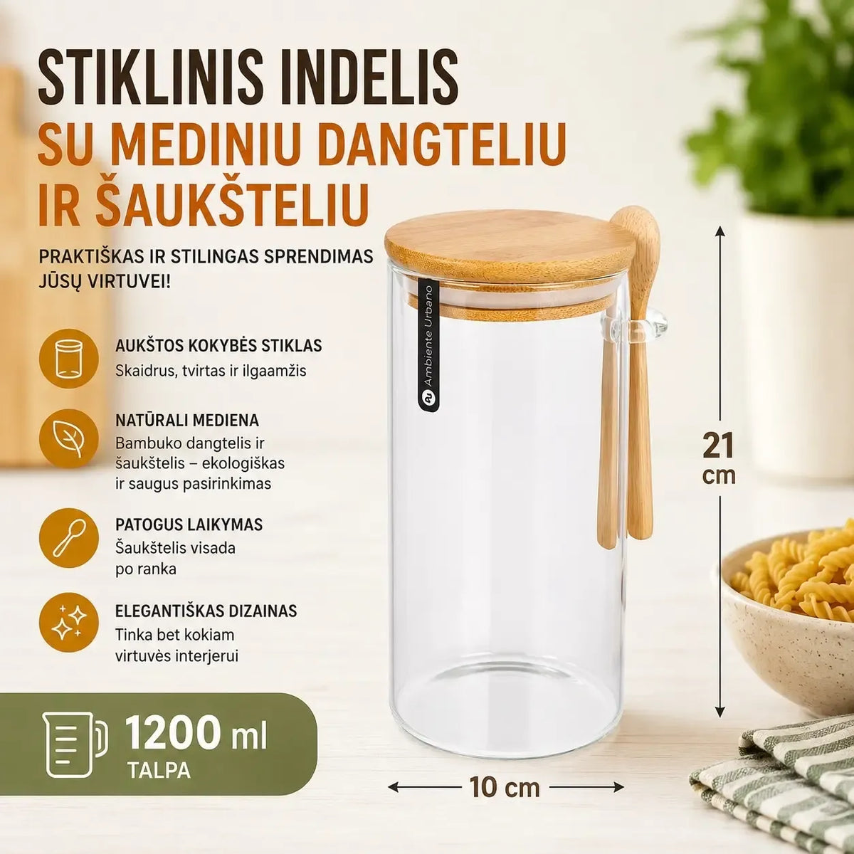 Stiklinis indas su bambukiniu dangteliu ir šaukšteliu, talpa 1200 ml, puikiai tinka saugoti ir pateikti maistą.