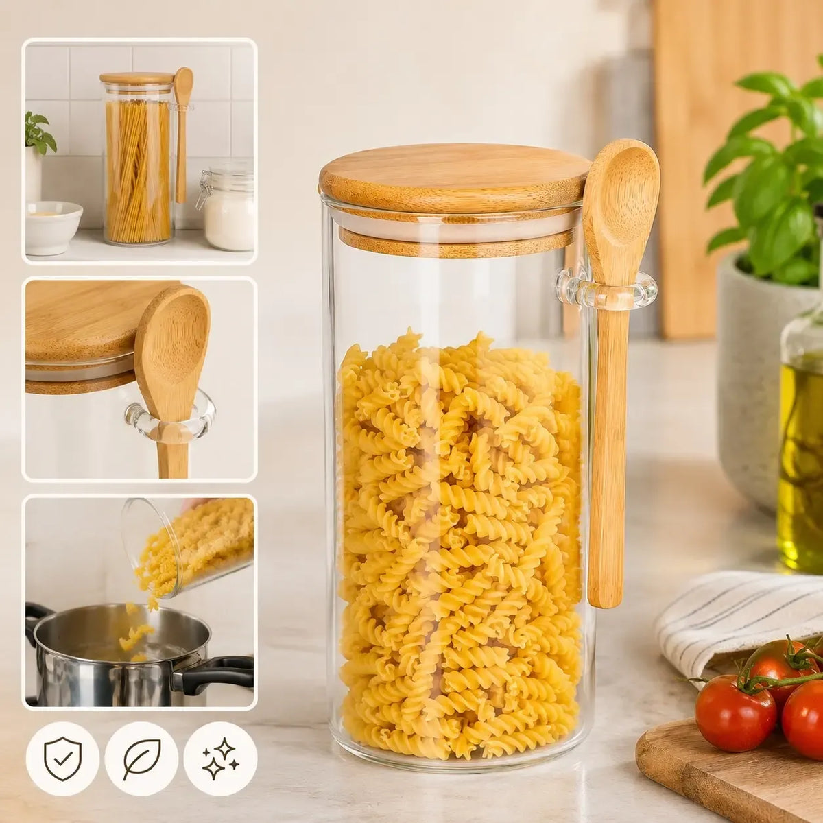 Stiklinis indas su bambukiniu dangteliu ir šaukšteliu, 1200 ml, tinkamas produktų laikymui ir laikymo organizavimui.