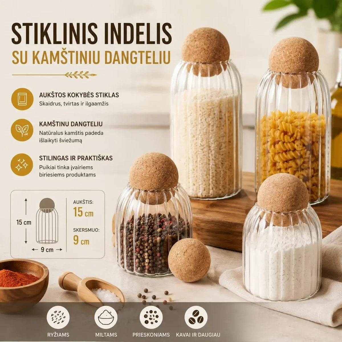 Stiklinis maisto saugojimo indas su kamštiniu dangteliu, 15 cm, aiškiai matoma skaidri stiklinė ir natūralus kamštis.