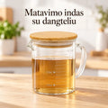 Stiklinis puodelis su bambukiniu dangteliu ir matavimo skale, 250 ml, skaidrus, su matavimo žymėmis ir patvariu dangteliu