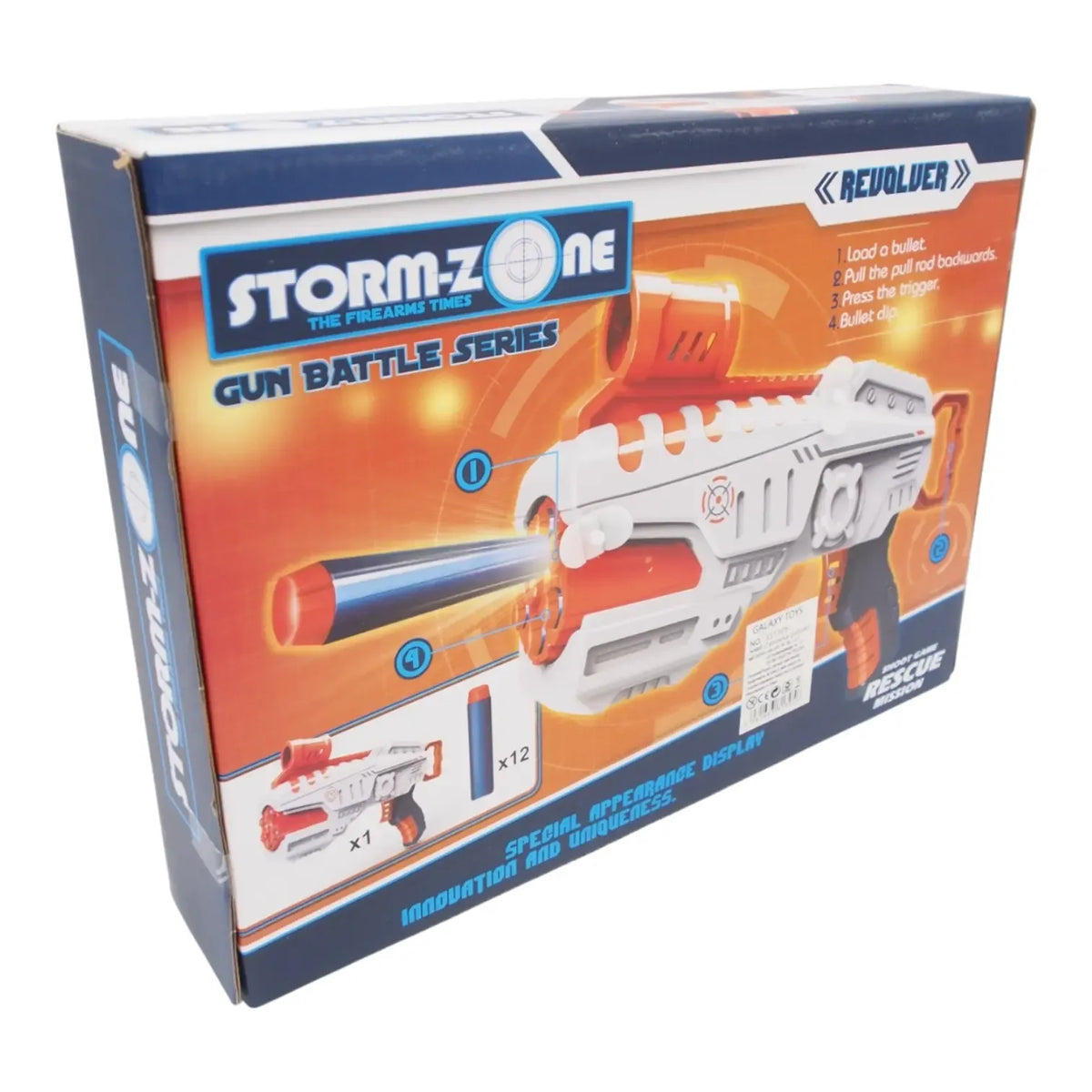 Žaislinis pistoletas iš STORM-ZONE Gun Battle Series su šoviniais, tinka žaidimams ir vaidinimams, realistiškas dizainas.
