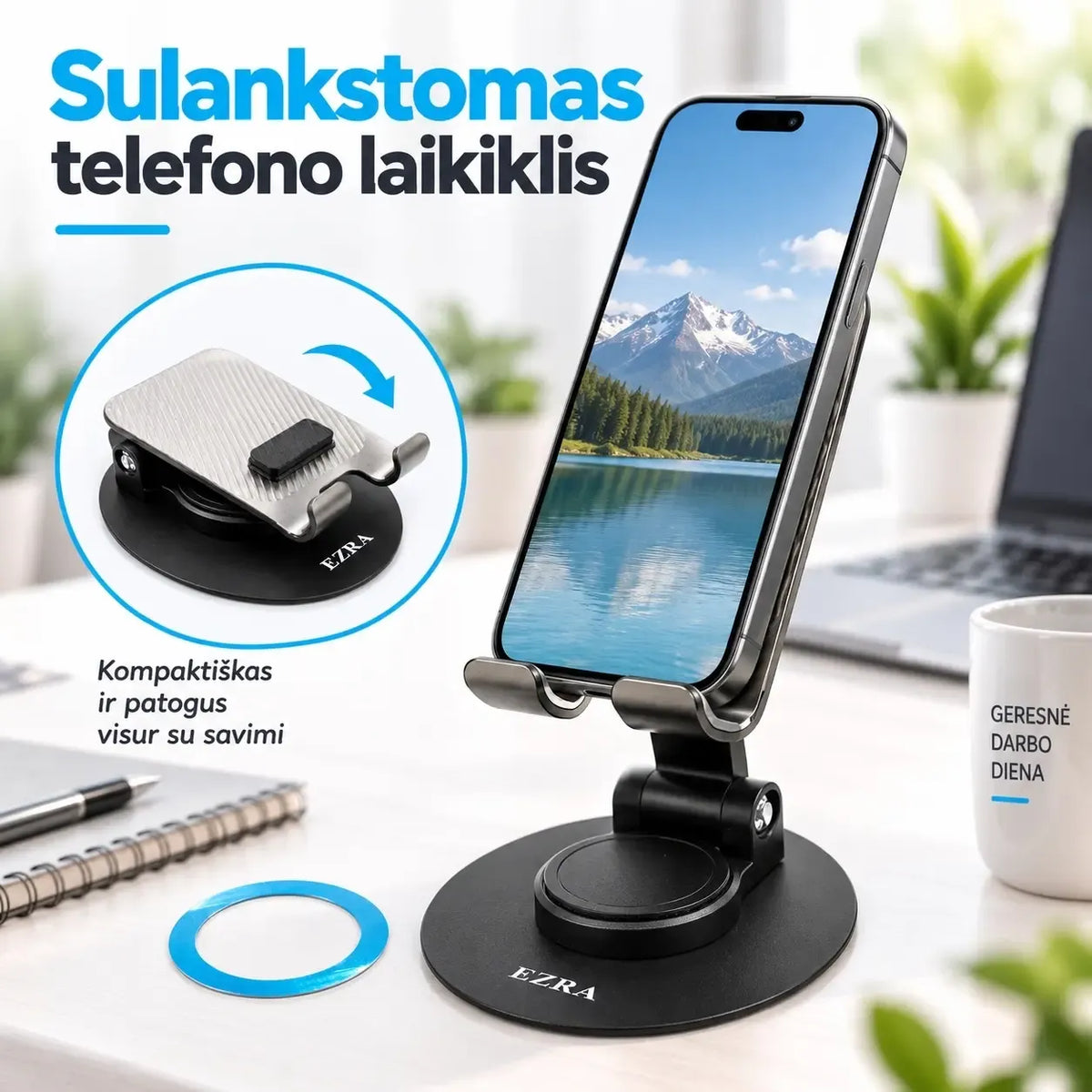 Sulankstomas telefono laikiklis EZRA HL83, patogus ir kompaktiškas, tinka naudoti namuose ir kelionėje, reguliuojamas kampas.