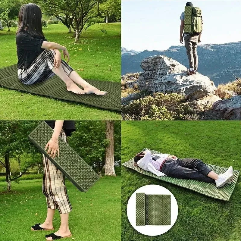 Sulankstomas turistinis kilimėlis, patogus naudoti lauke, su matomia funkcine sulankstymo sistema ir patvaria medžiaga.