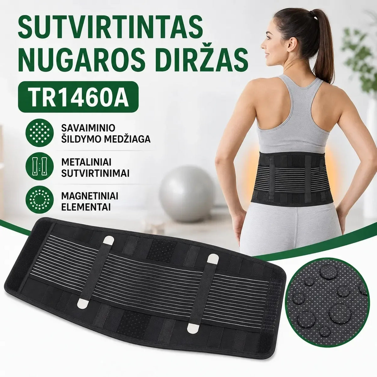 Sutvirtintas nugaros diržas L dydžio, tvirtas ir patogus, skirtas nugaros apsaugai ir palaikymui.