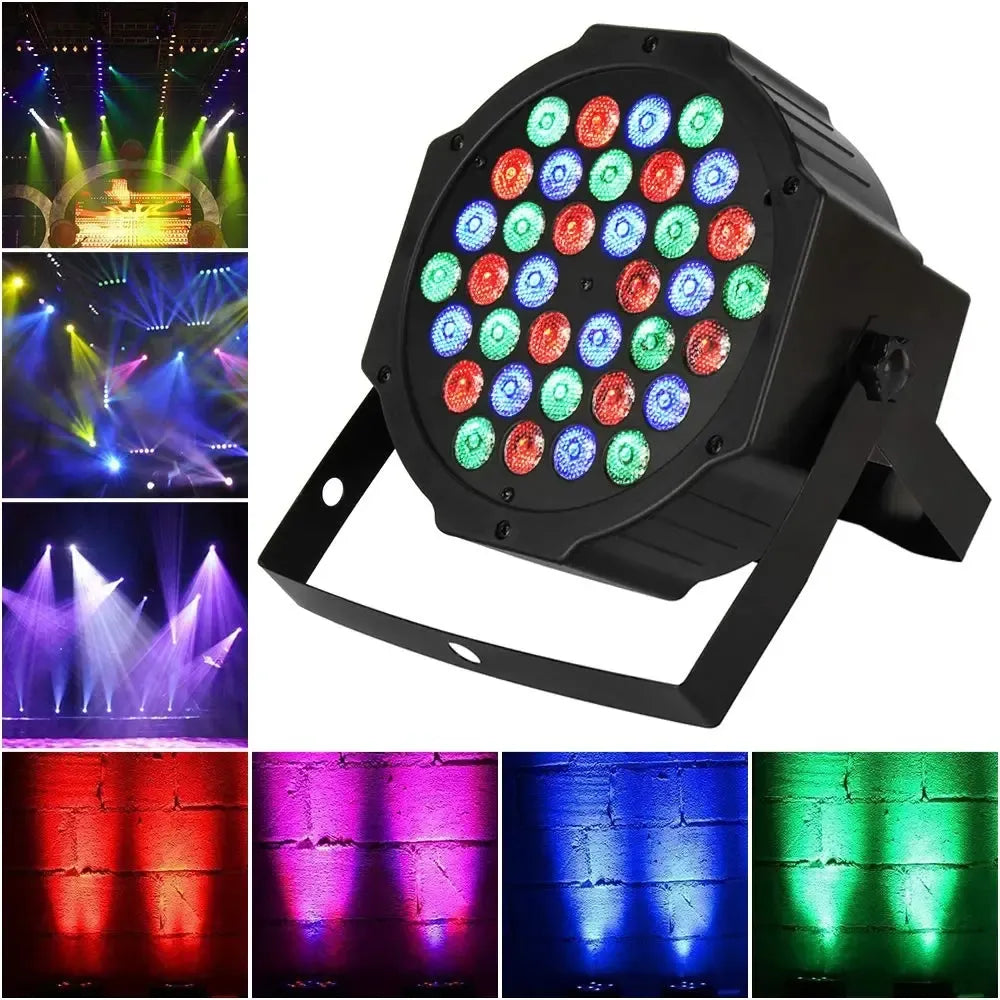 36 W LED šviesos efektas su DMX valdymu, spalvotas apšvietimas ir dinamiškos šviesos funkcijos, skirta scenoms ir renginiams.