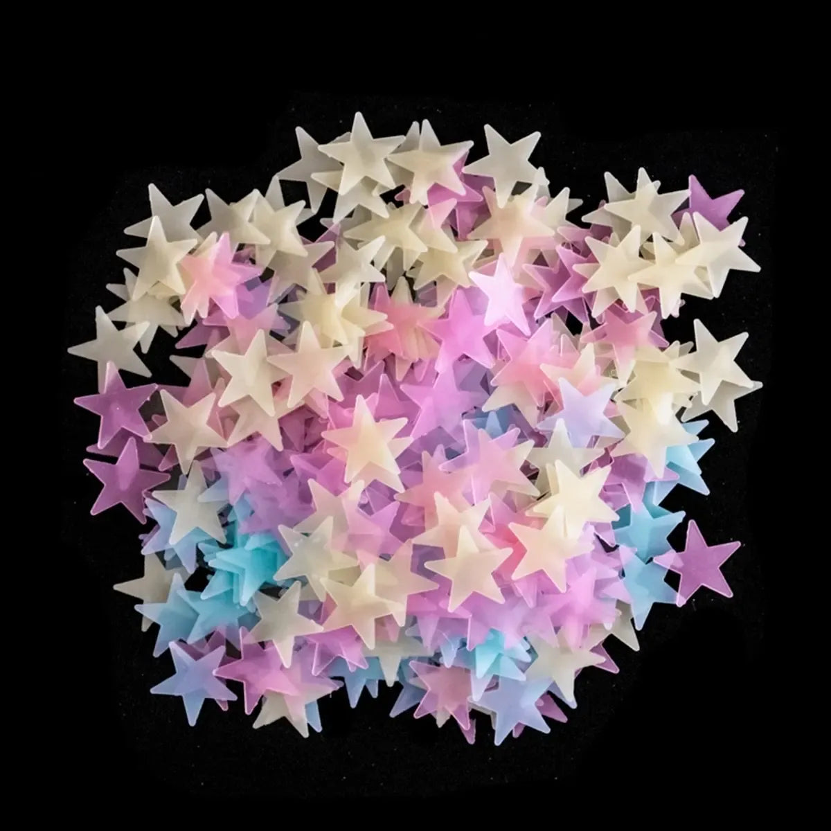 Šviečiančios žvaigždės tamsoje, 100 vnt., dekoratyvinės lipdukų žvaigždės vaikų kambariui, švelniai šviečia tamsoje.