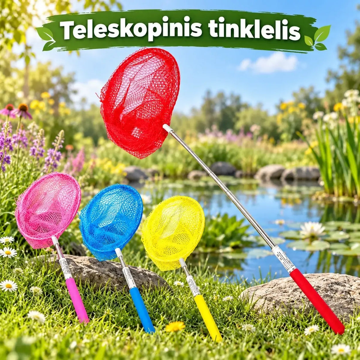 Teleskopinis žvejybos graibštas su ištraukiama rankena ir tinkleliu, skirtas lengvai sugauti žuvis.