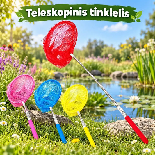 Teleskopinis žvejybos graibštas su ištraukiama rankena ir tinkleliu, skirtas lengvai sugauti žuvis.