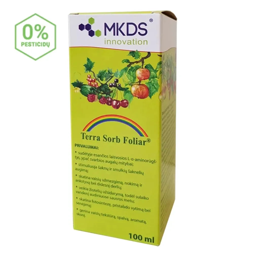Augalų lapų purškimo Terra Sorb Foliar aminorūgštys 100 ml buteliukas, skirtas augalų mitybos stiprinimui.