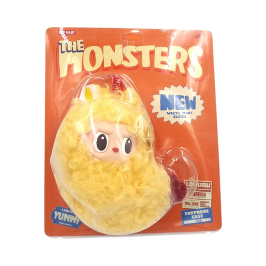 Geltonuotas „The Monsters Wacky Mart“ Labubu ausinių dėklas, pūkuotas, su žaismingu „The Monsters“ dizainu.