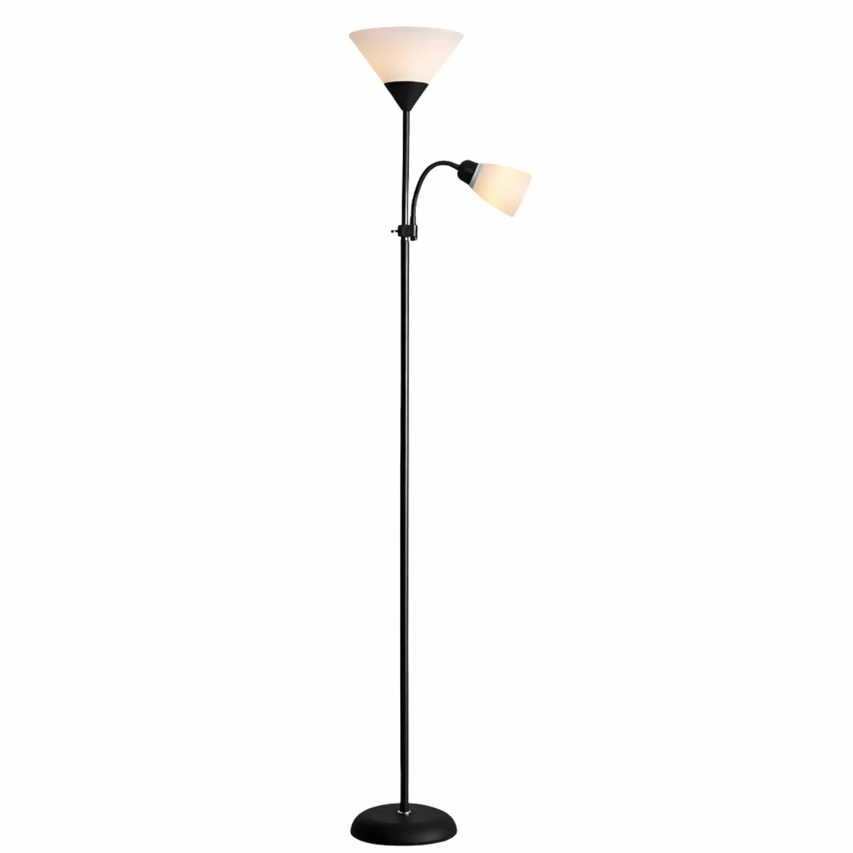 Modernus juodas 170 cm metalinis toršeras su dviem E27 lizdais, elegantiškas ir šiuolaikiškas apšvietimo sprendimas.