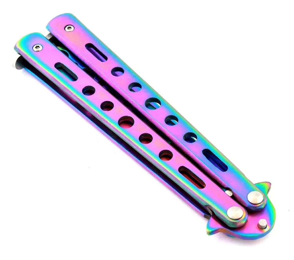 Saugus mokomasis Butterfly Balisong treniruočių peilis, juodas peilio ašmenys ir rankena, skirtas praktikai ir mokymuisi.