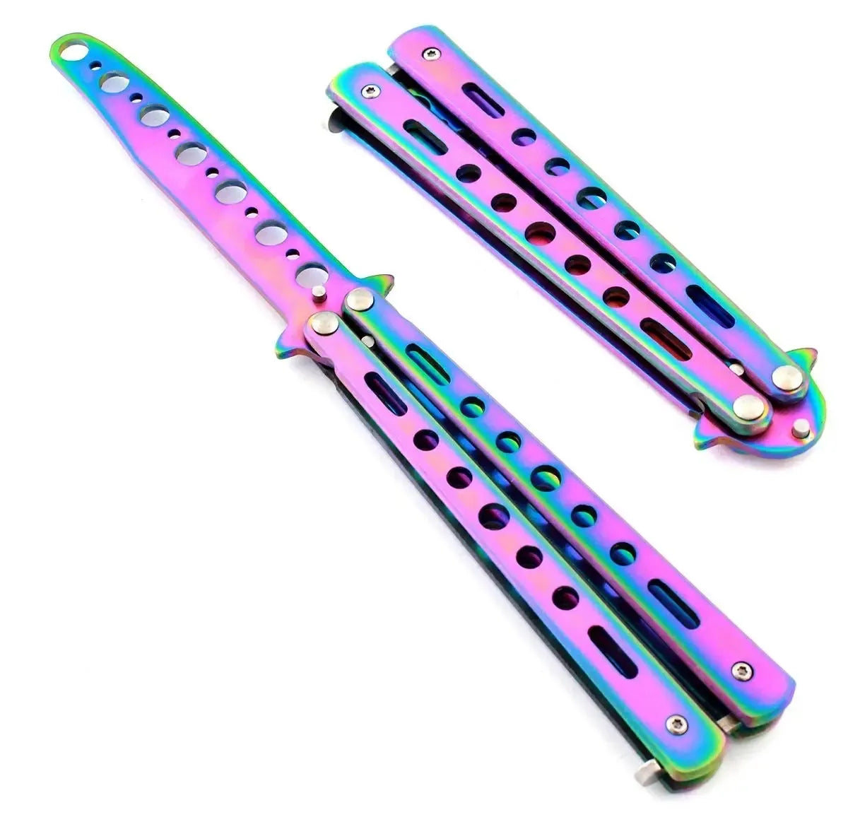 Treniruočių peilis Butterfly Balisong, saugus mokomasis modelis, su juoda rankena ir nerūdijančio plieno ašmeniu.