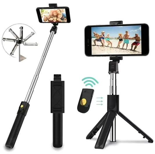 Universalus telefono trikojis su Bluetooth nuotolinio valdymo pulteliu, stabilus ir kompaktiškas, tinkamas fotografijoms ir vaizdo įrašams.