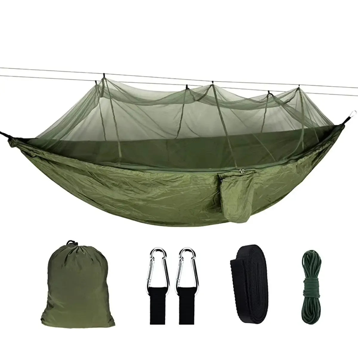 Turistinis hamakas su tinkleliu nuo vabzdžių, matmenys 260x140 cm, lankstus ir patogus lauko poilsiui.