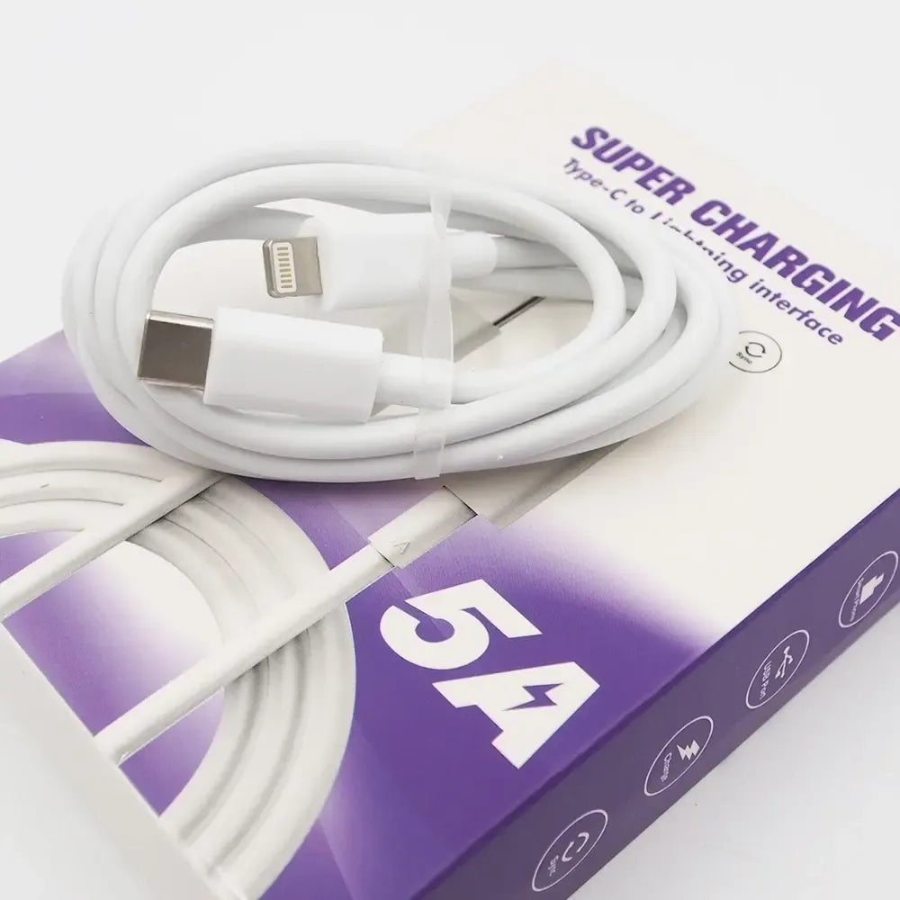 USB Type-C į Lightning 5A įkrovimo laidas, 1 m ilgio, skirtas greitam ir patikimam įkrovimui ir duomenų perdavimui.