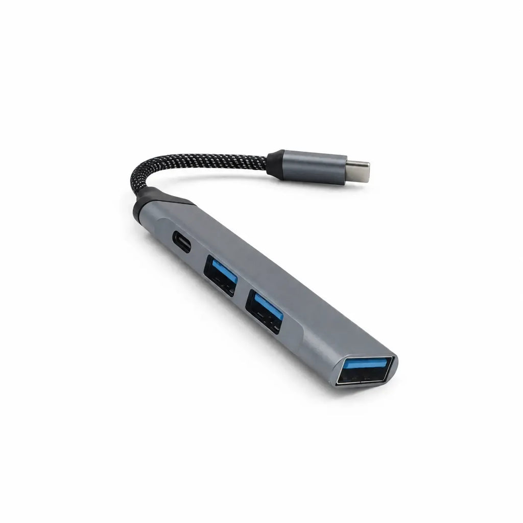 USB Type-C šakotuvas su 4 USB jungtimis, skirtas prijungti kelis įrenginius prie vieno USB-C lizdo.