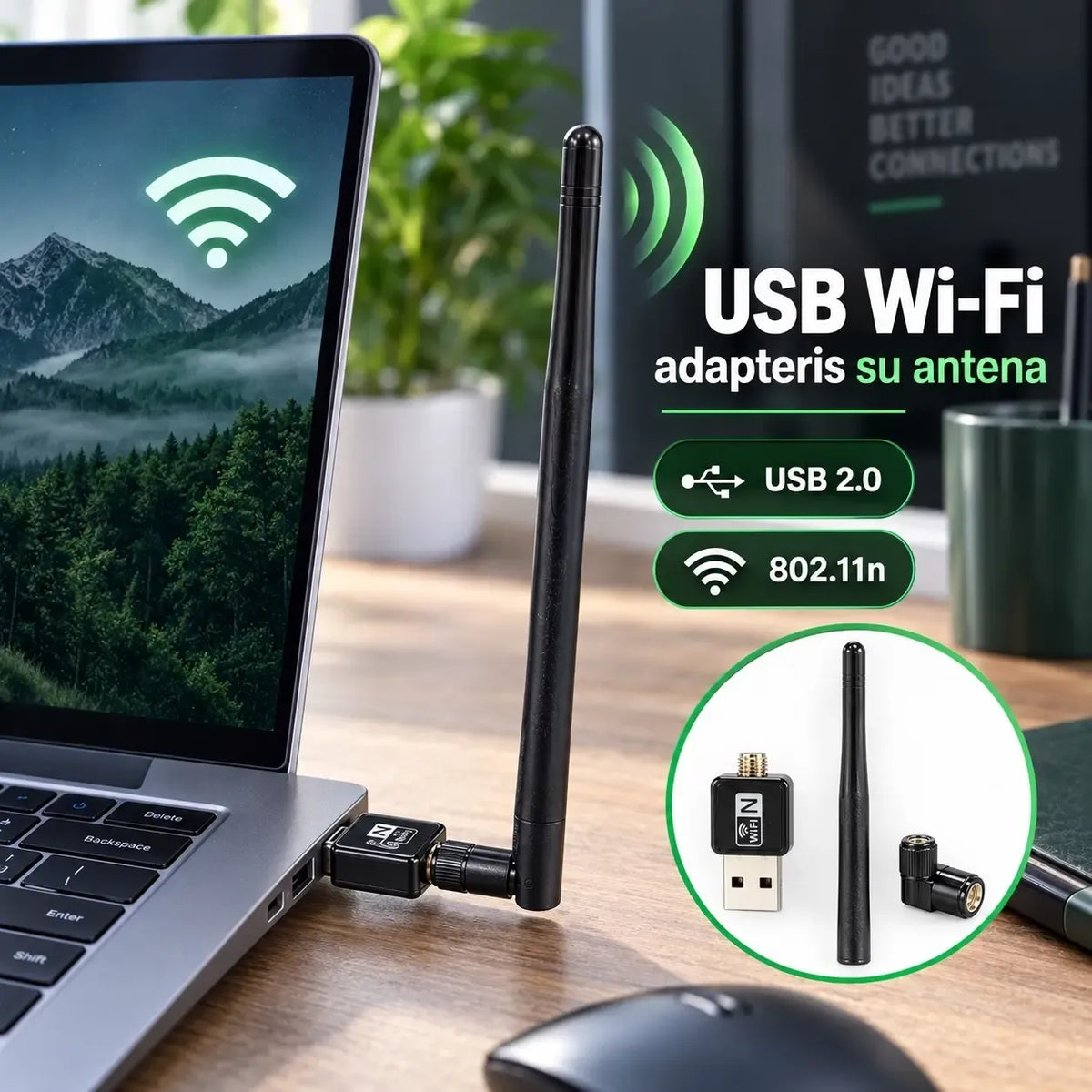 USB Wi‑Fi adapteris su antena, 802.11n, 300 Mbps, kompiuterio tinklo ryšiui, aiškiai matoma adapterio ir antenos dalys