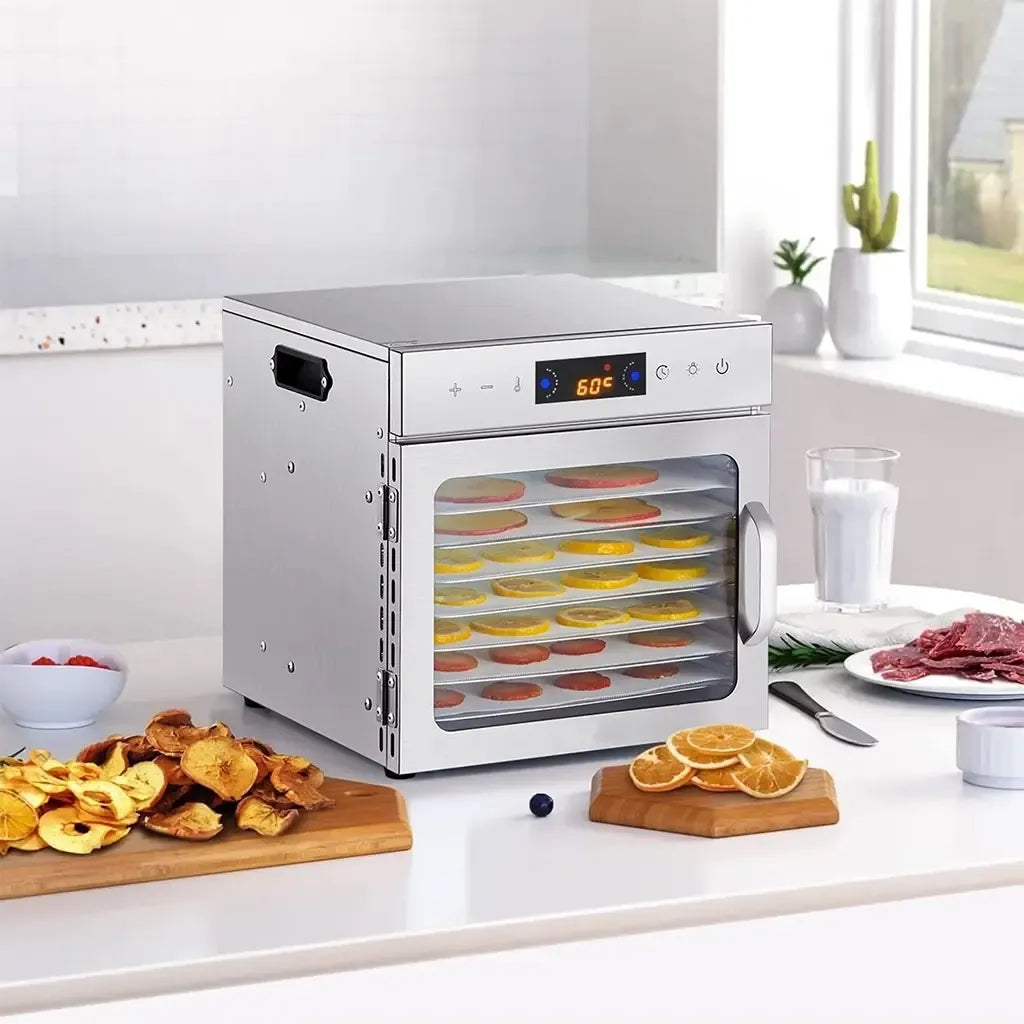 Profesionali 400 W vaisių ir maisto džiovyklė su 8 nerūdijančio plieno padėklais, tinkama džiovinti vaisius ir maistą.