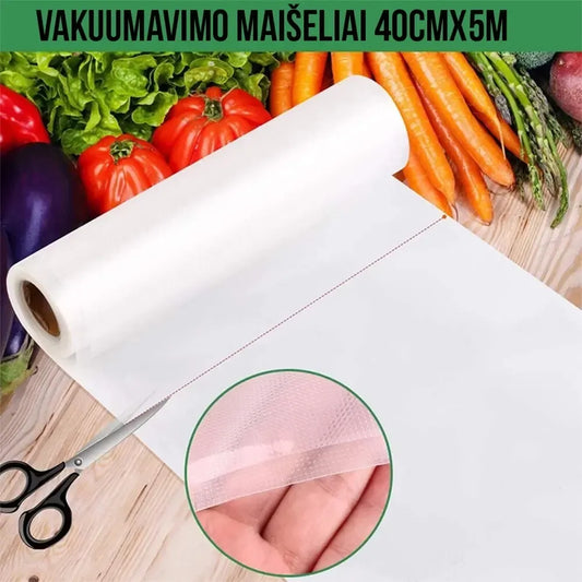 Vakuumavimo maišeliai ritinyje, 30 cm pločio ir 5 m ilgio, aiškiai matomos naudojimo galimybės ir sandarinimo rankovės.