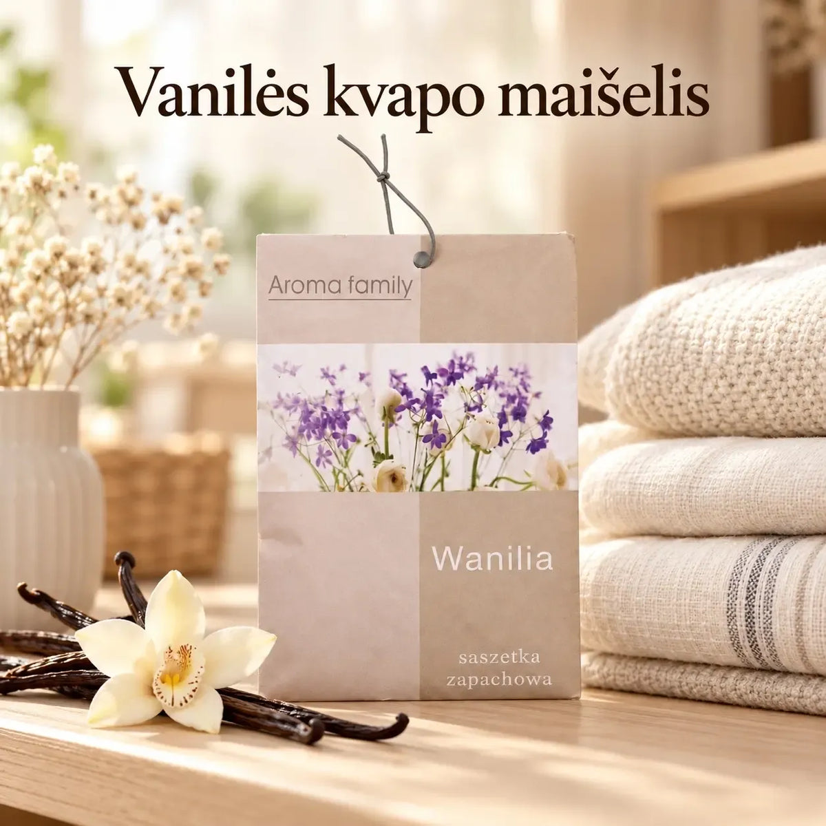 Vanilės kvapo maišelis „Aroma family“ su subtiliu vanilės aromatu ir dekoratyviu dizainu, tinkamas namų aromatizavimui.