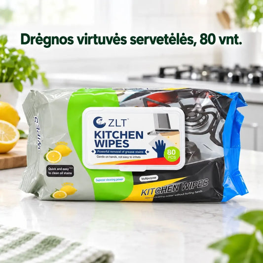 Virtuvės valymo drėgnos servetėlės, 80 vnt., švaros ir higienos priemonė virtuvės paviršiams, patogus naudoti