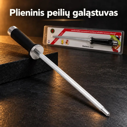 Virtuvinių peilių galąstuvas su rankena, skirtas aštrių peilių išlaikymui, matomas su rankena ir šlifavimo dalimi.