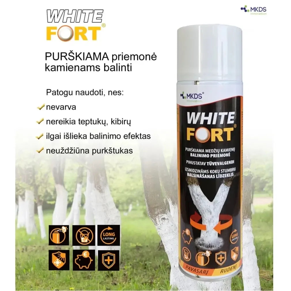 Baltas FORT purškiama priemonė medžių kamienų balinimui, 500 ml, matomas purškimo buteliukas ir medžio kamienas.