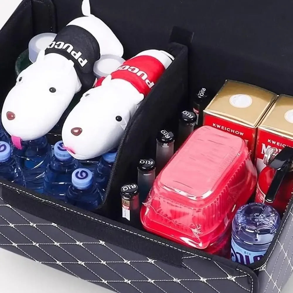Didelė automobilio daiktadėžė su dangčiu ir rankena, matmenys 65x30x30 cm, patogi ir talpi automobiliui organizuoti.