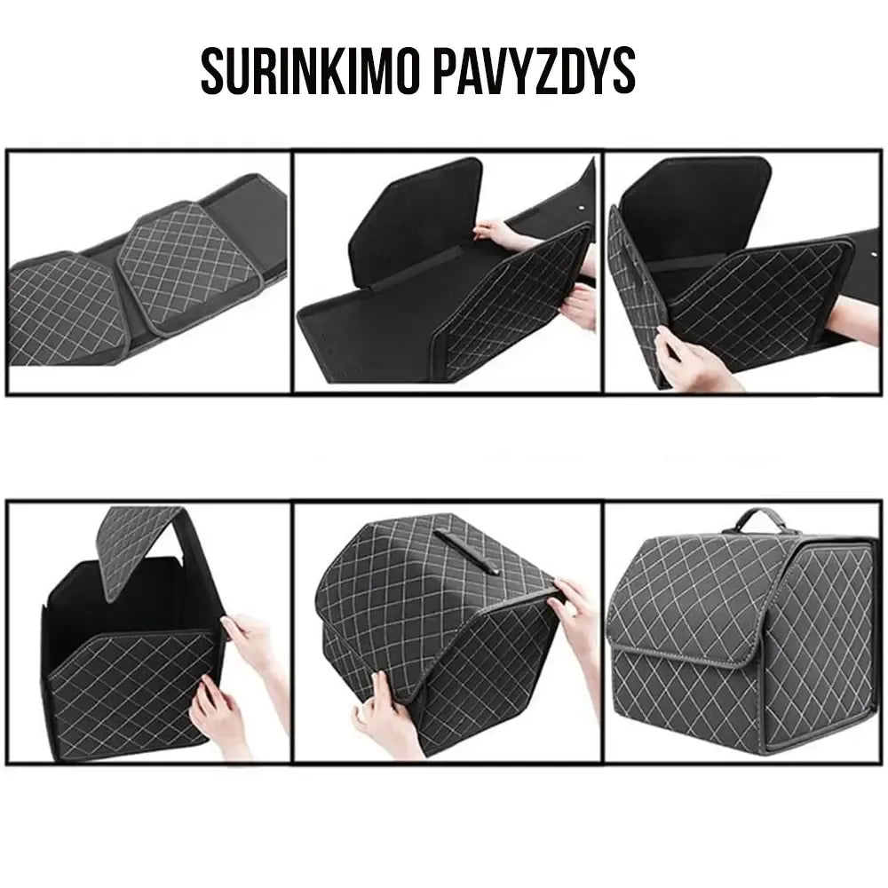 Didelė automobilių daiktadėžė su dangčiu ir rankena, matmenys 65x30x30cm, patogi ir talpi automobilių saugojimui.