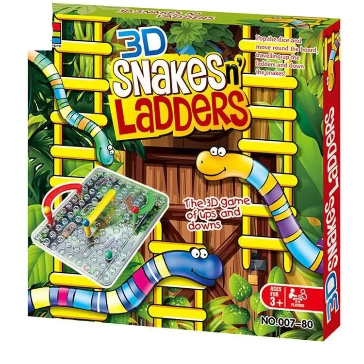 3D gyvatės ir kopėčios stalo žaidimas su spalvingais žaidimo elementais ir numerių lentelėmis.