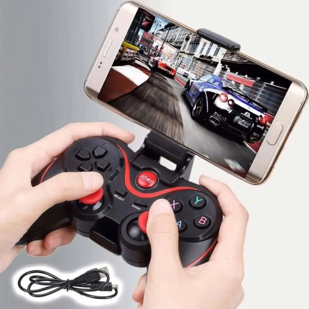 Belaidis Bluetooth žaidimų pultas telefonui, juodos spalvos, su valdymo mygtukais ir rankena.