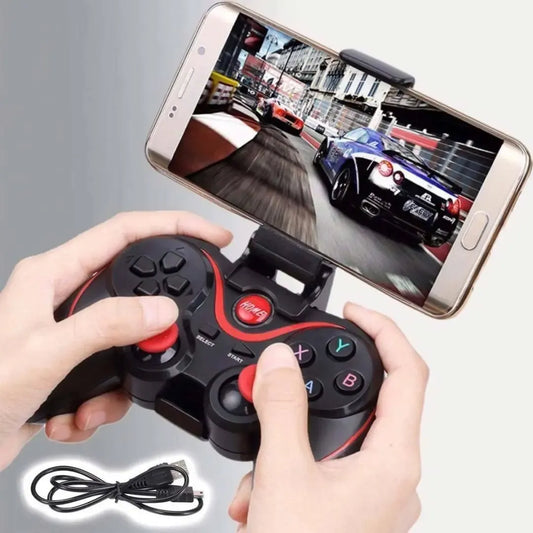 Belaidis Bluetooth žaidimų pultas telefonui, juodos spalvos, su valdymo mygtukais ir rankena.