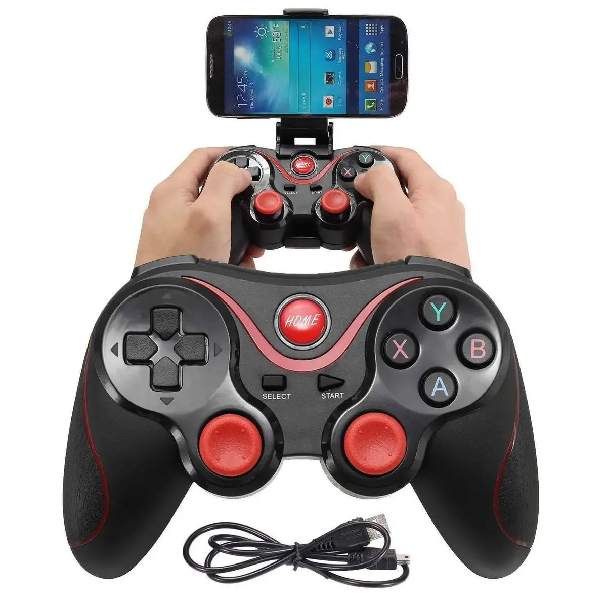 Belaidis Bluetooth žaidimų pultas telefonui su valdymo mygtukais ir ergonominiu dizainu.