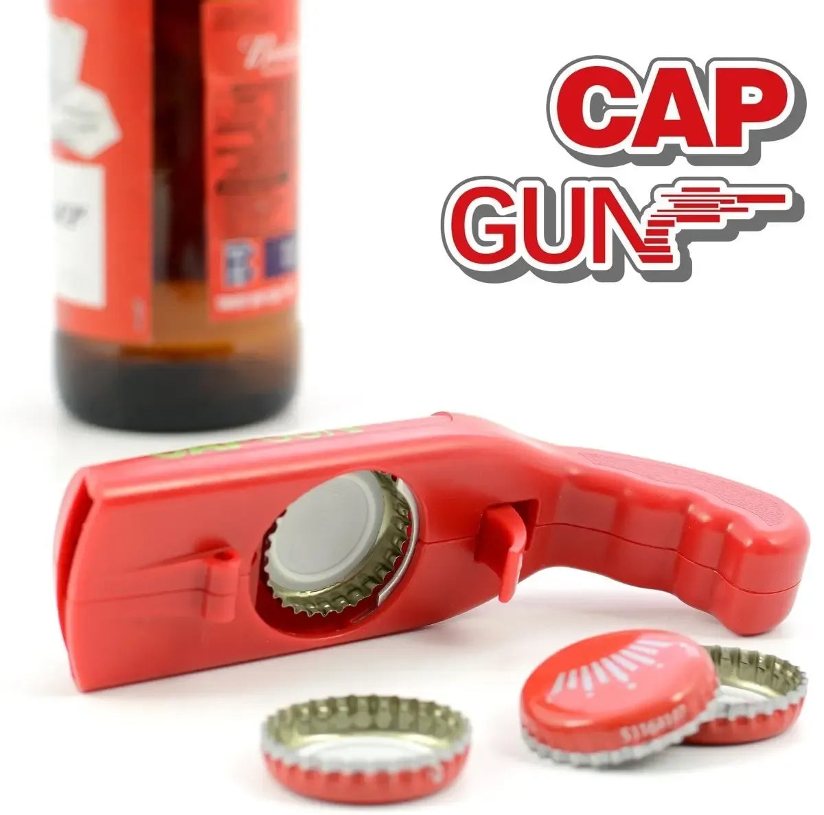 Žaismingas butelio atidarytuvas-šaudyklė su ryškia išvaizda ir žaismingomis detalėmis, skirtas butelio atidarymui ir žaidimams.