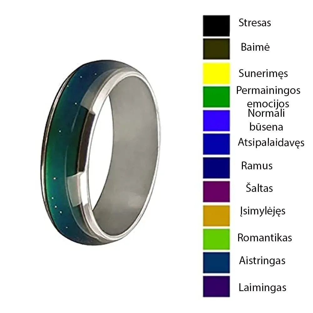 Nuotaikos žiedas keičiantis spalvą, elegantiškas sidabrinis žiedas su spalvų keitimo efektu, detalių ir šviesos žaismas.