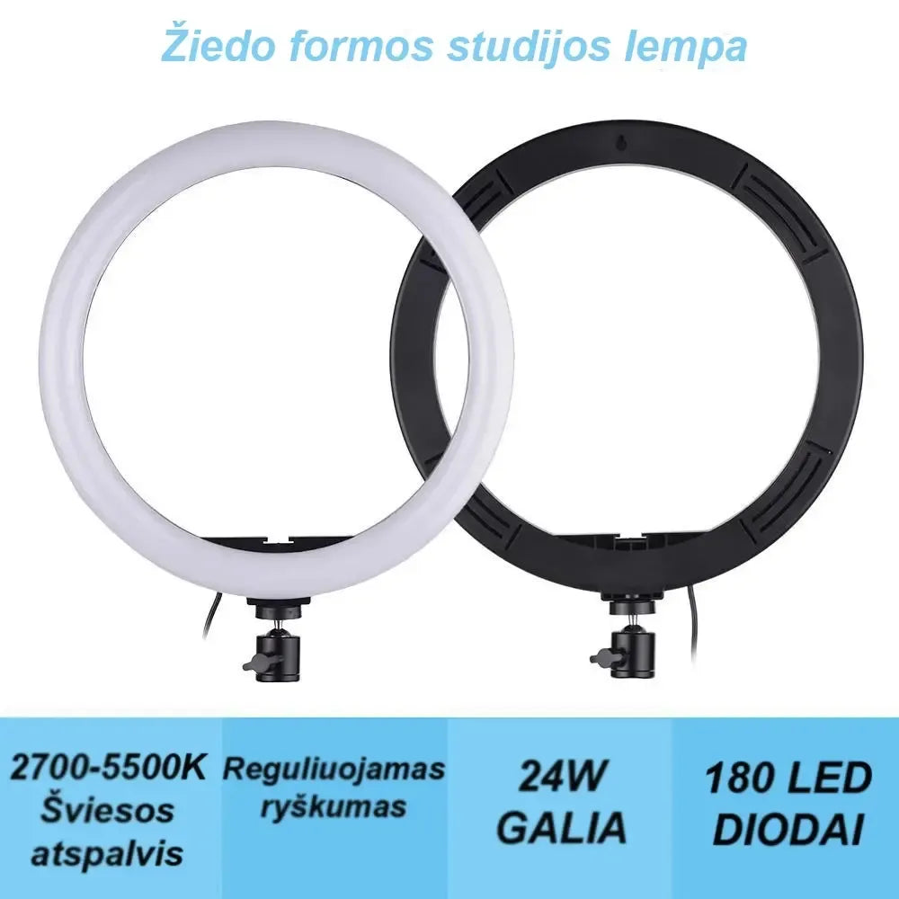 Žiedo formos LED lempa fotografavimui ir makiažui, 24W, šviesus apšvietimas, tinkama grožio ir fotografijos darbams.