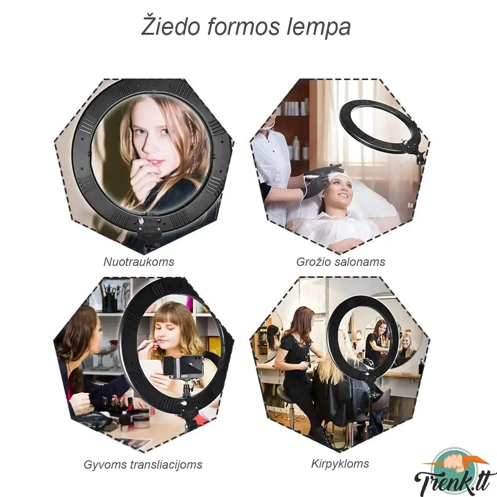 Žiedo formos LED lempa makiažui ir fotografijoms, 24W, šviesiai apšviečianti ir patogi naudoti grožio ir fotografijos tiekimui.