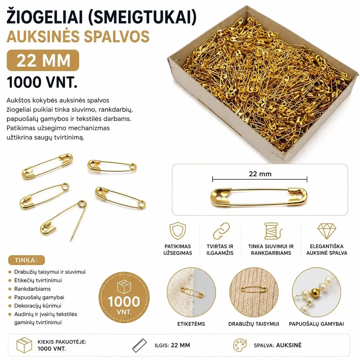 Aukso spalvos žiogeliai 22 mm, 1000 vnt., smailūs žiogeliai, naudojami papuošalų gamybai ir rankdarbiams.